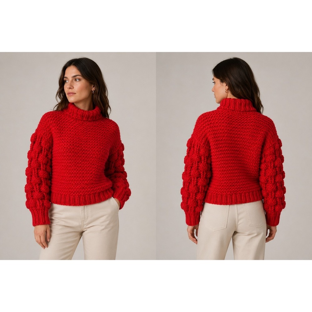 Sweet‎ Generis Chunky Knit Turtleneck Sweater Red Bubble Sleeve Boho Cozy